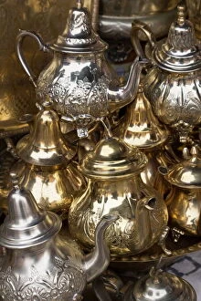 Merchandise Gallery: Traditional Moroccan teapots for sale in the souks, Marrakech, Morocco, North Africa, Africa
