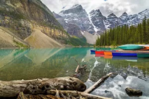 Canadian Rockies Gallery: Tranquil setting of rowing boats on Moraine Lake, Banff National Park, UNESCO World Heritage Site