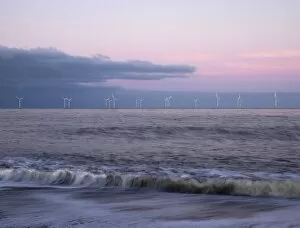 Images Dated 14th January 2012: Twilight hues in the sky, view towards Scroby Sands Windfarm, Great Yarmouth, Norfolk, England