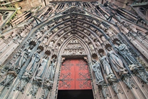 Detail of the tympanum on Notre Dame de Strasbourg Cathedral, UNESCO World Heritage Site, Strasbourg, Bas-Rhin, Alsace Detail of the tympanum on Notre Dame de Strasbourg Cathedral, UNESCO World Heritage Site, Strasbourg, Bas-Rhin, Alsace