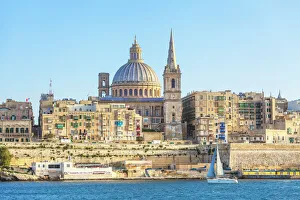 Valletta skyline with the dome of the Carmelite Church and St. Pauls Anglican Cathedral, Valletta, Malta, Mediterranean Valletta skyline with the dome of the Carmelite Church and St. Pauls Anglican Cathedral, Valletta, Malta, Mediterranean