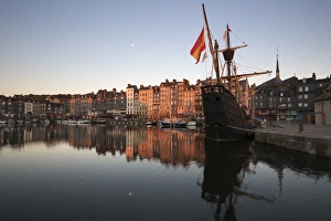 Vieux Bassin looking to Saint Catherine Quay with replica galleon at dawn, Honfleur Vieux Bassin looking to Saint Catherine Quay with replica galleon at dawn, Honfleur
