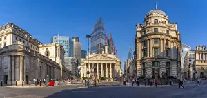 View of the Bank of England and Royal Exchange with The City of London backdrop, London View of the Bank of England and Royal Exchange with The City of London backdrop, London