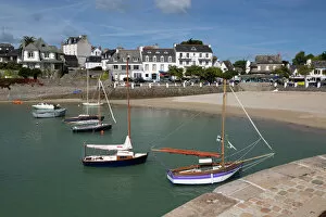 Traditionally French Gallery: View of beach and boats in harbour, Locquirec, Finistere, Brittany, France, Europe