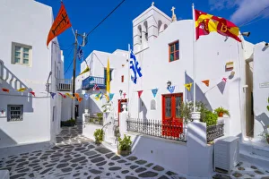 View of chapel and whitewashed narrow street, Mykonos Town, Mykonos, Cyclades Islands View of chapel and whitewashed narrow street, Mykonos Town, Mykonos, Cyclades Islands