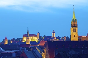 View over city at sunset with St. Lorenz, St. Sebald and the Castle in the background, Nuremberg, Bavaria, Germany View over city at sunset with St. Lorenz, St. Sebald and the Castle in the background, Nuremberg, Bavaria, Germany