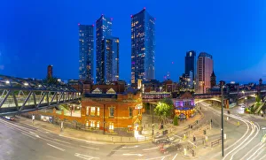 View of Deansgate Station and city skyline at dusk, Manchester, Lancashire, England View of Deansgate Station and city skyline at dusk, Manchester, Lancashire, England