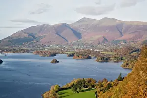 Prints of View across Derwent Water to Keswick and Skiddaw from Watendlath road in autumn, Borrowdale, Lake District National Park, Cumbria, England, United Kingdom, Europe Lake Prints: Derwent Water Autumn Print