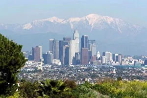 View of downtown Los Angeles looking towards San Bernardino Mountains, California View of downtown Los Angeles looking towards San Bernardino Mountains, California