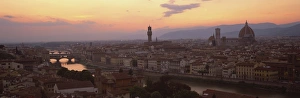 View at dusk over rooftops of Florence, showing Duomo, Uffizi and Ponte Vecchio from Pizalle Michelangelo, Florence View at dusk over rooftops of Florence, showing Duomo, Uffizi and Ponte Vecchio from Pizalle Michelangelo, Florence