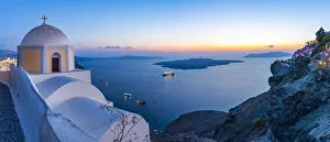 View of Greek Church of Saint Stylianos at dusk, Firostefani, Santorini (Thira), Cyclades Islands View of Greek Church of Saint Stylianos at dusk, Firostefani, Santorini (Thira), Cyclades Islands