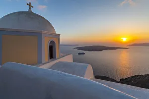 View of Greek Church of Saint Stylianos at sunset, Firostefani, Santorini (Thira) View of Greek Church of Saint Stylianos at sunset, Firostefani, Santorini (Thira)