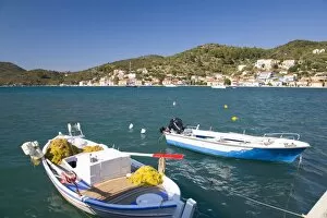 Vathy Gallery: View across the harbour, colourful fishing boat in foreground, Vathy (Vathi), Ithaca (Ithaki)