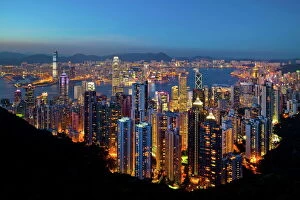 Chinese Gallery: View over Hong Kong from Victoria Peak, the illuminated skyline of Central sits below The Peak