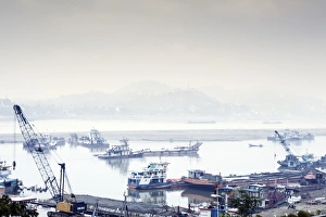 View of industrial boats on the Ayeyarwady River (Irrawaddy) river, Sagaing View of industrial boats on the Ayeyarwady River (Irrawaddy) river, Sagaing