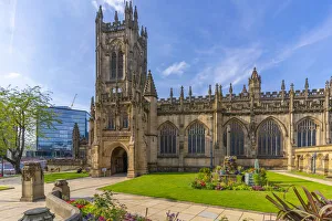 View of Manchester Cathedral from Cathedral Yard, Manchester, Lancashire, England View of Manchester Cathedral from Cathedral Yard, Manchester, Lancashire, England