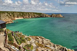 Cloudy Gallery: View over the Minack Theatre to Porthcurno beach near Penzance, West Cornwall, England