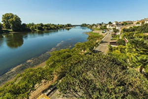 View northwest along the River Lot bank at this large town with a historic bastide centre View northwest along the River Lot bank at this large town with a historic bastide centre