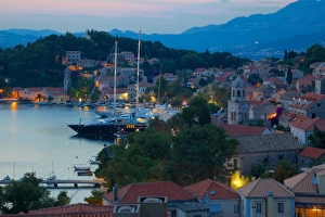 View over Old Town at dusk, Cavtat, Dubrovnik Riviera, Dalmatian Coast, Dalmatia, Croatia View over Old Town at dusk, Cavtat, Dubrovnik Riviera, Dalmatian Coast, Dalmatia, Croatia
