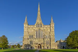 View of Salisbury Cathedral against clear blue sky, Salisbury, Wiltshire, England View of Salisbury Cathedral against clear blue sky, Salisbury, Wiltshire, England