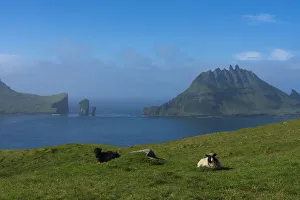 View of Tindholmur Island from Vagar Island, Faroe Islands, Denmark, Europe View of Tindholmur Island from Vagar Island, Faroe Islands, Denmark, Europe
