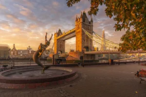 View of Tower Bridge, Girl with Dolphin, The Shard and River Thames at sunrise, London View of Tower Bridge, Girl with Dolphin, The Shard and River Thames at sunrise, London
