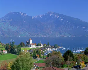 View over town and harbour of Spiez on Lake Thunersee in the Bernese Oberland View over town and harbour of Spiez on Lake Thunersee in the Bernese Oberland