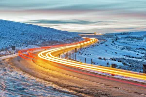 Images Dated 23rd January 2019: View of trail lights on frozen landscape near Buxton at dusk, High Peak, Derbyshire