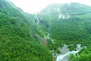 Images Dated 25th August 2015: A view of waterfalls and forest from the Flam Railway, Flamsbana, Flam, Norway, Scandinavia