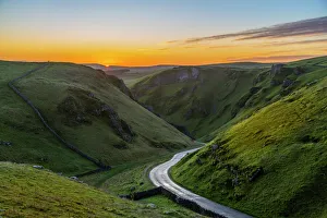 Prints of View of Winnats Pass at sunrise, Castleton, Derbyshire, Peak District National Park, England, United Kingdom, Europe Derbyshire Prints: Winnats Pass Sunrise Print, Castleton Derbyshire
