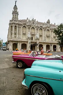 Theatres Gallery: Vintage American cars parked outside the Gran Teatro (Grand Theater), Havana, Cuba