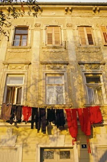 Washing line of colourful laundry in Old Town Buzet, hilltop village, Buzet