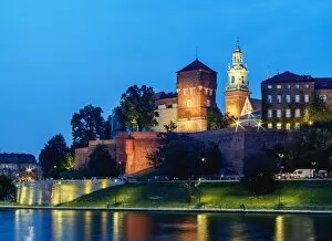 Wawel Royal Castle and Vistula River at twilight, Cracow, Lesser Poland Voivodeship
