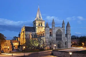 The west front of the Norman built Rochester Cathedral floodlit at night, Rochester, Kent The west front of the Norman built Rochester Cathedral floodlit at night, Rochester, Kent