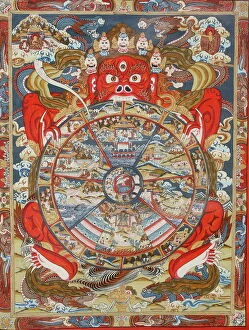 Images Dated 24th July 2007: Wheel of life (wheel of Samsara), Kopan monastery, Bhaktapur, Nepal, Asia