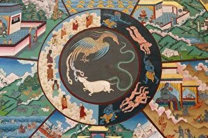 Wheel of life (wheel of Samsara) showing rooster, snake and pig, Kopan monastery