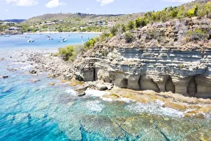 White limestone cliffs Pillar of Hercules washed by Caribbean Sea, aerial view by drone White limestone cliffs Pillar of Hercules washed by Caribbean Sea, aerial view by drone