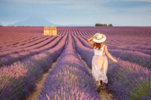 Woman with hat running in lavender fields, Plateau de Valensole, Alpes-de-Haute-Provence Woman with hat running in lavender fields, Plateau de Valensole, Alpes-de-Haute-Provence