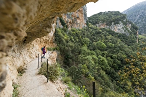 A woman hiking in the Taygetos Mountains above Mystras in the Peloponnese, Greece, Europe A woman hiking in the Taygetos Mountains above Mystras in the Peloponnese, Greece, Europe