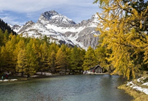 Wood hut on the shore of Lai da Palpuogna (Palpuognasee), Bergun, Albula Pass, Canton Wood hut on the shore of Lai da Palpuogna (Palpuognasee), Bergun, Albula Pass, Canton
