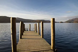 Wooden jetty at Barrow Bay landing on Derwent Water looking north west in autumn Wooden jetty at Barrow Bay landing on Derwent Water looking north west in autumn