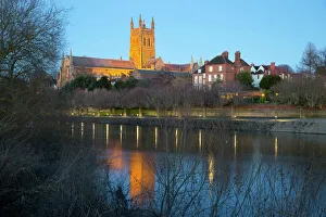 Worcester Cathedral on the River Severn floodlit at dusk, Worcester, Worcestershire, England, United Kingdom, Europe Worcester Cathedral on the River Severn floodlit at dusk, Worcester, Worcestershire, England, United Kingdom, Europe