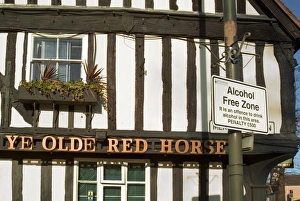 Ye Olde Red Horse pub with Alcohol Free Zone sign outside, Evesham, Worcestershire