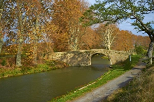 Yellow and red leaves in autumn and old bridge along the Canal du Midi Yellow and red leaves in autumn and old bridge along the Canal du Midi