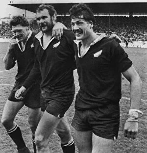 All Blacks Murray Mexted, Andy Haden, and Geoff Old celebrate after New Zealand complete their 4-0 series whitewash