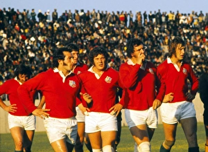British Lions Gareth Edwards, Stewart McKinney, Mike Burton, and Chris Ralston face British Lions Gareth Edwards, Stewart McKinney, Mike Burton, and Chris Ralston face