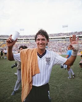 1986 Mexico Gallery: Gary Lineker celebrates at the 1986 World Cup after hit hat-trick against Poland