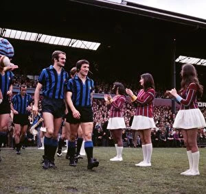 Inters Milans Sandro Mazzola and Gianfranco Bedin are welcomed onto the Selhurst Park pitch by Palace cheerleaders in