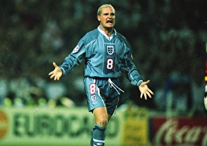 Paul Gascoigne celebrates scoring his penalty in the semi-final of Euro 96 Paul Gascoigne celebrates scoring his penalty in the semi-final of Euro 96