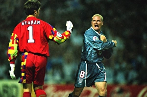 Paul Gascoigne and David Seaman celebrate during the penalty shoot-out against Germany at Paul Gascoigne and David Seaman celebrate during the penalty shoot-out against Germany at